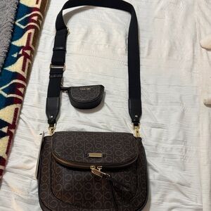 Calvin Klein Monogram Crossbody Bag in Brown and Black